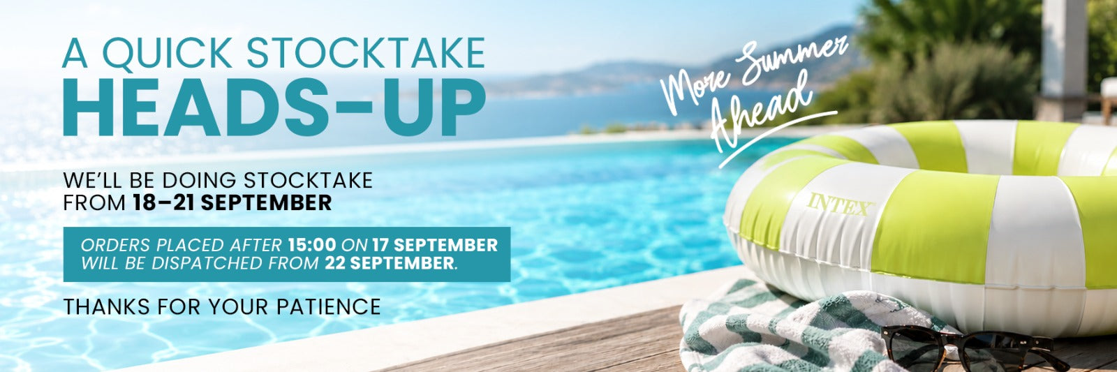 A quick stocktake heads-up: we'll be doing stocktake from 18-21 September. Orders placed after 15:00 on 17 September will be dispatched from 22 September. Thanks for your patience.
